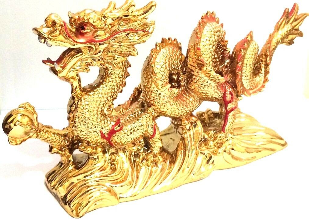 New Large Gold Chinese Feng Shui Dragon Figurine Statue For Luck & Success